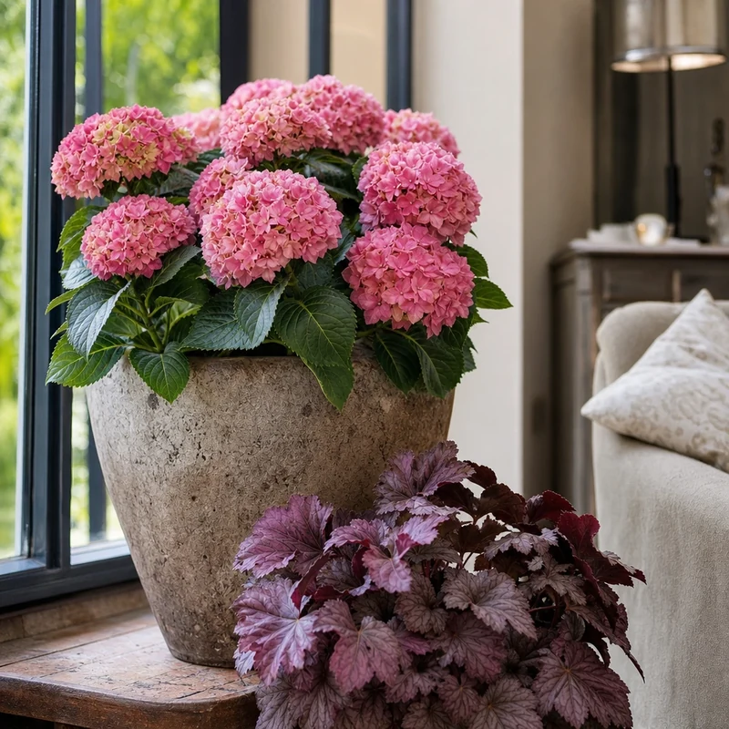 Heuchère pourpre en bordure d'un pot d'hortensia rose