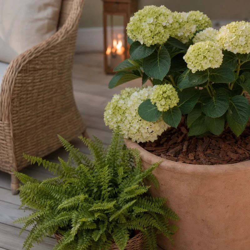 Fougère femelle au pied d'un hortensia en pot avec paillis d'écorces