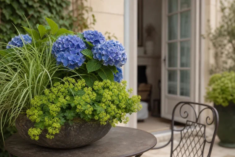 Hortensia bleu en pot accompagné d'alchémille molle et de laîche du Japon sur une terrasse française