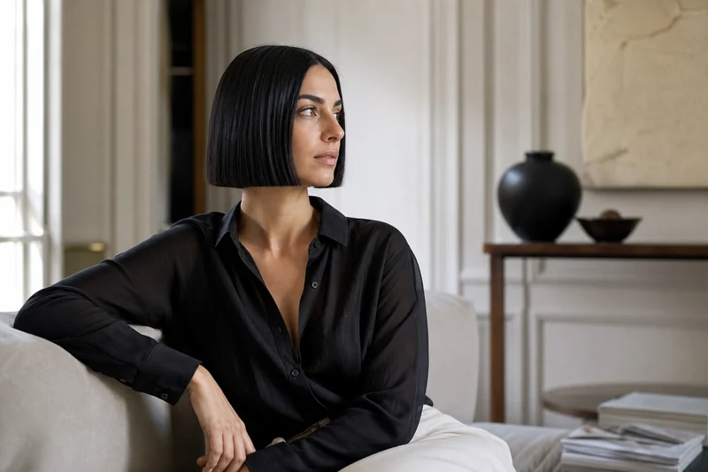 Blunt bob noir lisse au ras de la mâchoire, ligne graphique nette