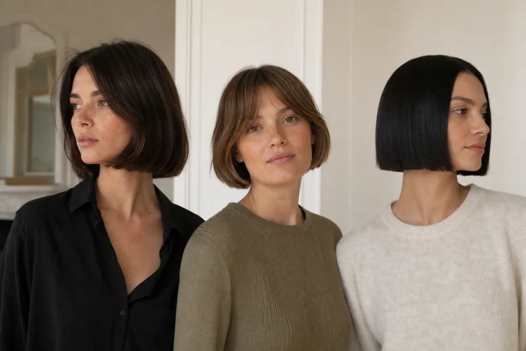 Trois femmes portant italian bob, french bob et blunt bob côte à côte