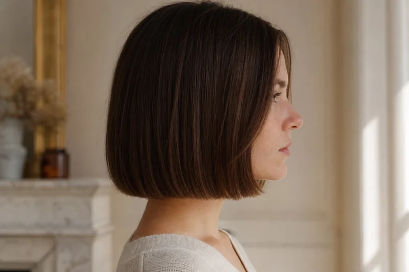 Détail de profil de la ligne de coupe nette d'un Japanese Bob sur cheveux épais