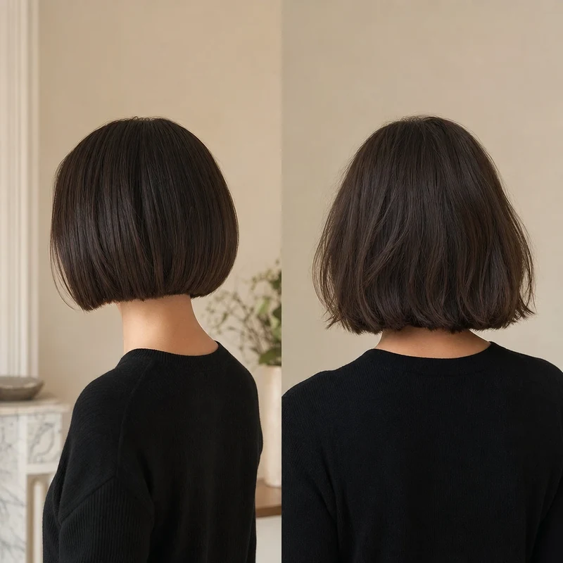 Comparaison Japanese Bob version cheveux fins au menton et version cheveux épais à la clavicule