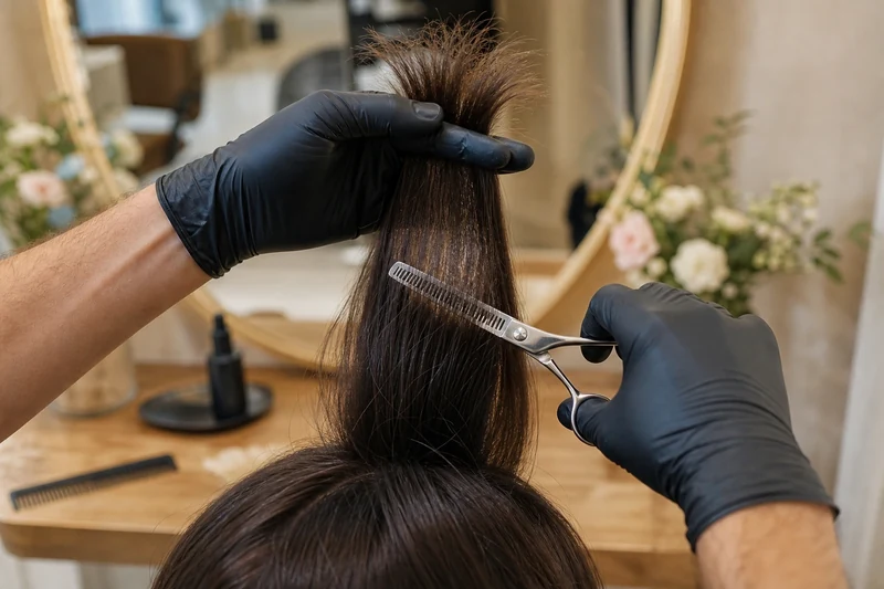 Coiffeur désépaississant l'intérieur d'un carré épais avec des ciseaux sculpteurs à mi-longueur