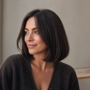 Femme portant un Japanese Bob à la clavicule adapté aux cheveux épais, ligne nette et volume maîtrisé
