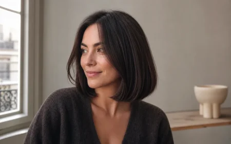 Femme portant un Japanese Bob à la clavicule adapté aux cheveux épais, ligne nette et volume maîtrisé