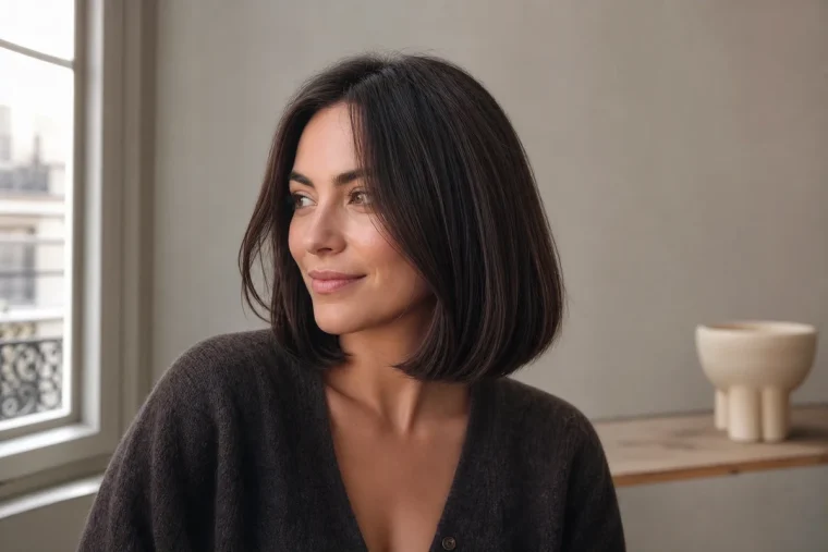 Femme portant un Japanese Bob à la clavicule adapté aux cheveux épais, ligne nette et volume maîtrisé