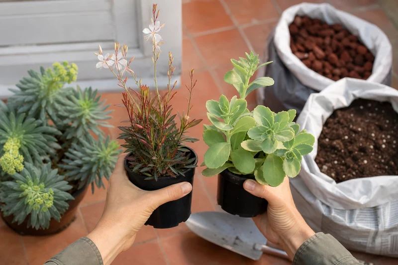 Les trois plants — gaura, sedum, euphorbe — prêts à être plantés avec pouzzolane et terreau
