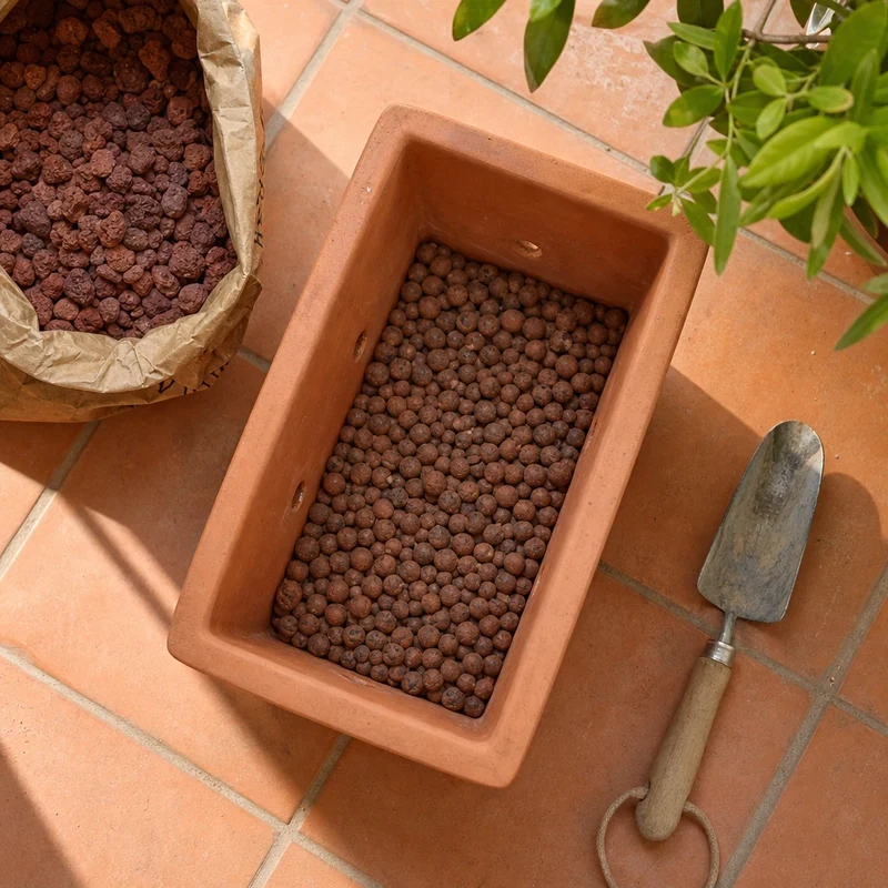 Couche drainante de billes d'argile au fond de la jardinière avant plantation