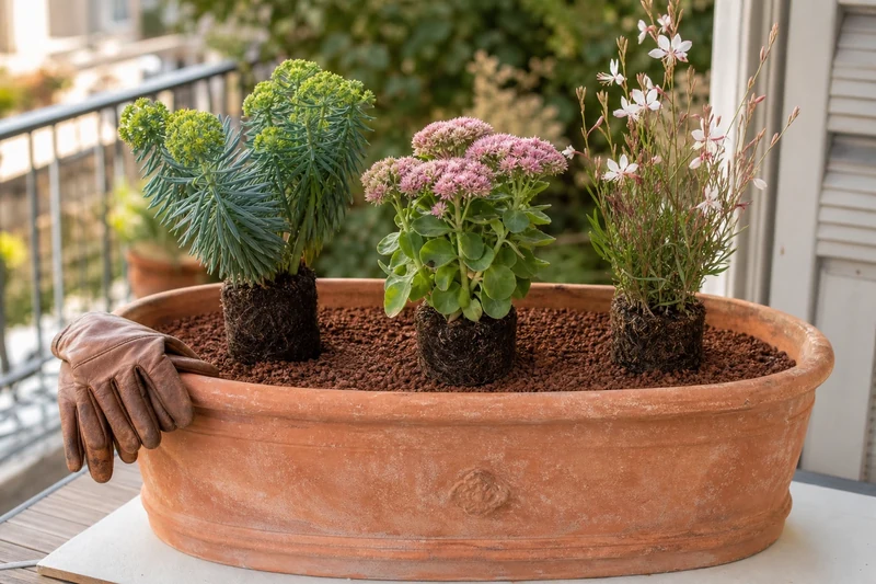 Disposition des trois plants avant plantation définitive : euphorbe, sedum, gaura