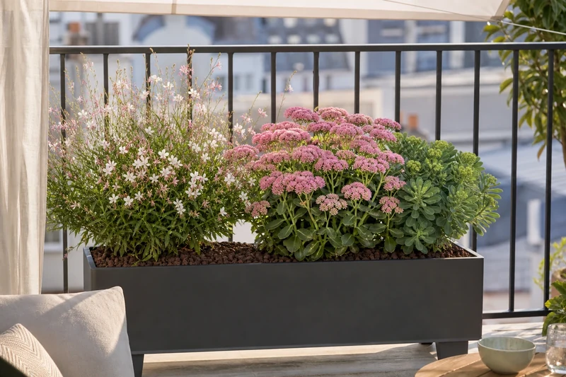 La jardinière sèche en pleine floraison à la fin de l'été, sans arrosage quotidien