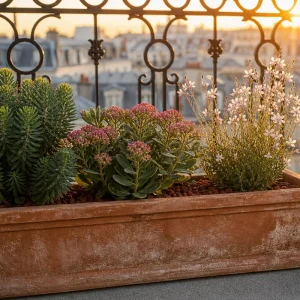 Jardinière plein sud associant gaura, sedum spectabile et euphorbe characias sur un balcon en été