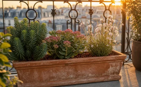 Jardinière plein sud associant gaura, sedum spectabile et euphorbe characias sur un balcon en été