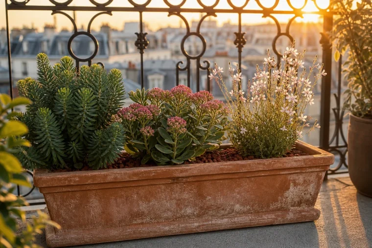 Jardinière plein sud associant gaura, sedum spectabile et euphorbe characias sur un balcon en été