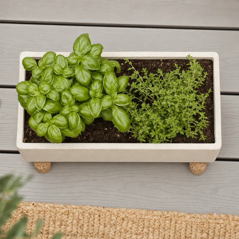 Jardinière d'aromatiques surélevée par quatre bouchons de liège recyclés sur une terrasse