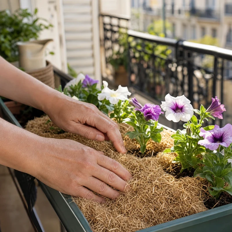 Application d'un paillage de paillettes de lin sur une jardinière de pétunias mauves et blancs