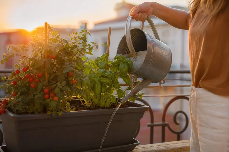 Arrosage du soir au pied d'une jardinière de tomates cerises et de basilic