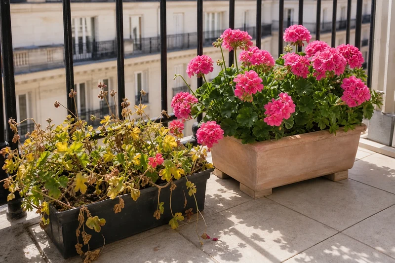 Comparaison entre une jardinière posée à plat aux feuilles jaunies et une jardinière surélevée fleurie