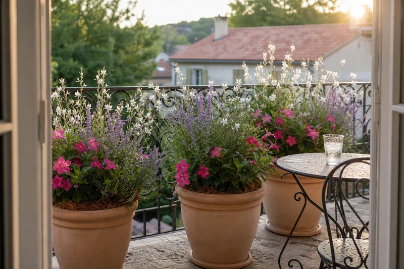 Balcon fleuri de gauras, sauge de Russie et dipladénia dans des jardinières surélevées et paillées
