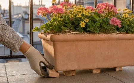 Main qui glisse des cales en bois sous une jardinière de géraniums pour la protéger de la dalle brûlante