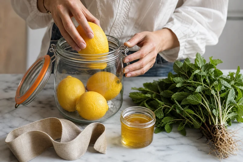 Composition du kit à limonade dans un bocal en verre avec citrons, menthe et miel