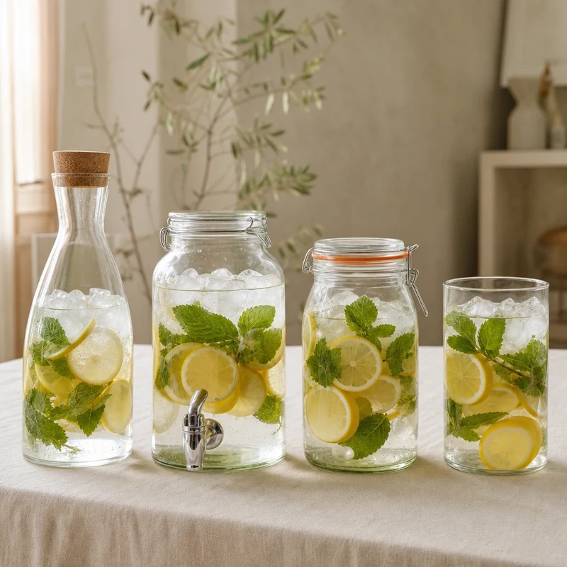 Quatre contenants en verre comparés pour un kit à limonade cadeau : carafe, distributeur, bocal Le Parfait et vase