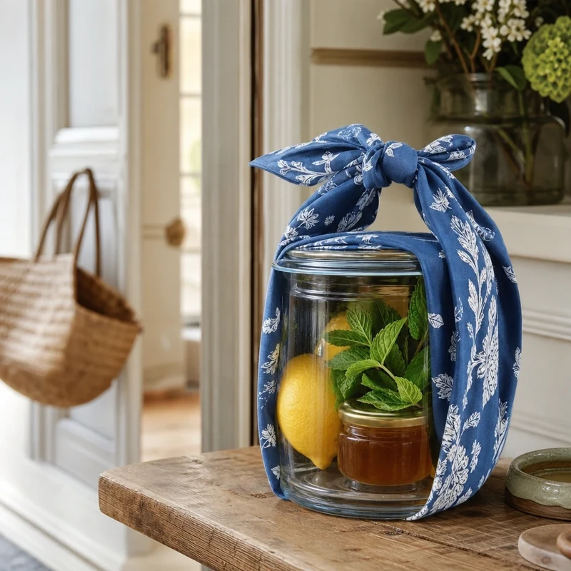 Kit à limonade emballé dans un furoshiki en tissu bleu à motifs, prêt à être offert