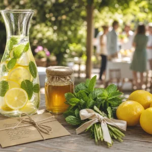 Kit à limonade maison offert en cadeau d'hôte : carafe en verre, citrons jaunes, bouquet de menthe et pot de miel sur une table de jardin