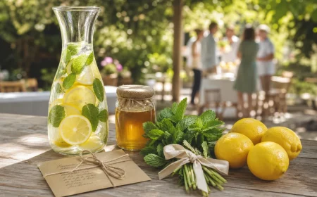 Kit à limonade maison offert en cadeau d'hôte : carafe en verre, citrons jaunes, bouquet de menthe et pot de miel sur une table de jardin