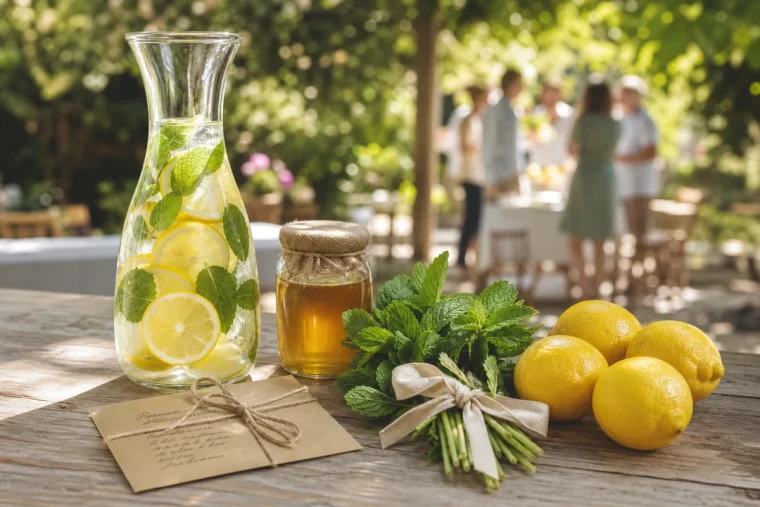 Kit à limonade maison offert en cadeau d'hôte : carafe en verre, citrons jaunes, bouquet de menthe et pot de miel sur une table de jardin