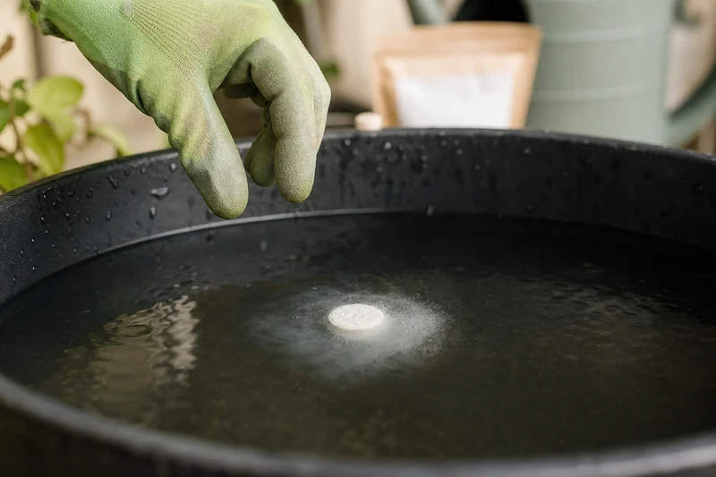 Comprimé de Bti se dissolvant à la surface d'un récupérateur d'eau de pluie