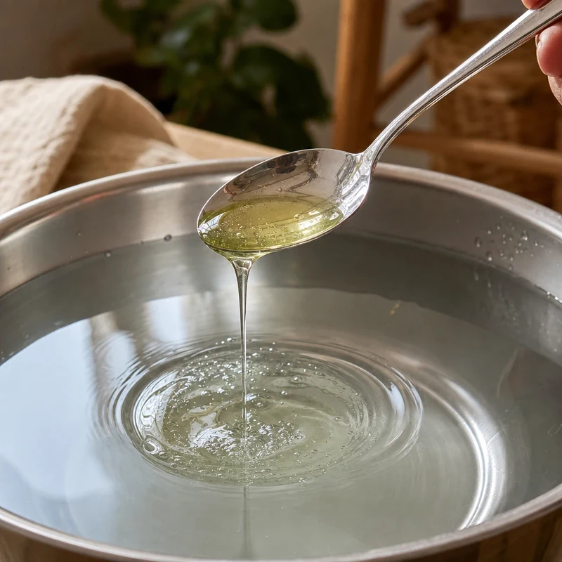 Cuillère à soupe versant du liquide vaisselle biodégradable dans un récupérateur d'eau
