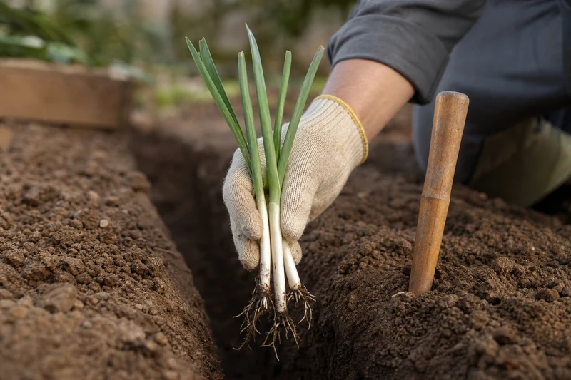 Jeunes plants de poireau prêts à être repiqués dans un sillon profond