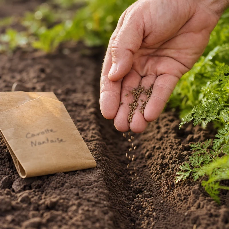 Semis de carotte de conservation en ligne dans un potager en juillet