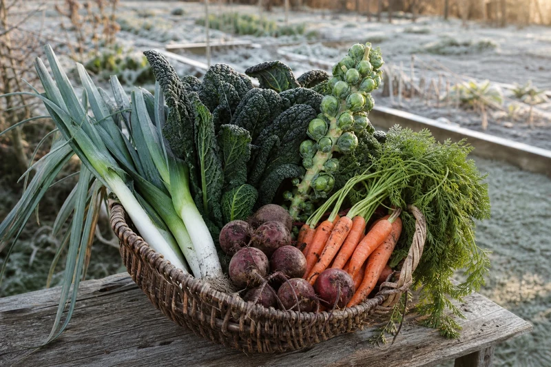 Récolte d'hiver issue des plantations de juillet — poireaux, choux, carottes, betteraves