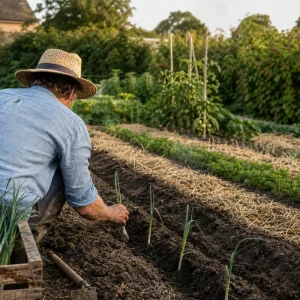 Jardinier repiquant des poireaux d'hiver dans un potager français en juillet