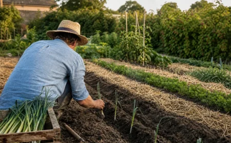 Jardinier repiquant des poireaux d'hiver dans un potager français en juillet