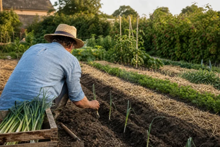 Jardinier repiquant des poireaux d'hiver dans un potager français en juillet