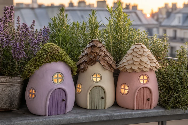 Trois maisonnettes de fée aux styles différents décorent un balcon fleuri