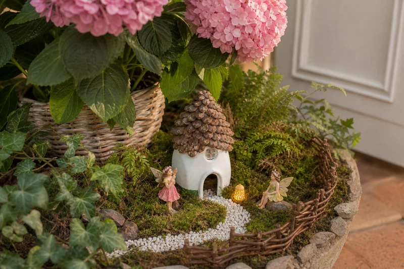 Mini-jardin de fée aménagé au pied d'un hortensia avec maisonnette upcyclée