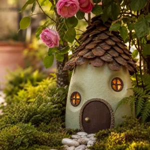 Maison de fée réalisée à partir d'un flacon de lessive recyclé, installée dans un jardin ombragé