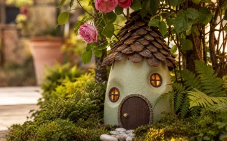 Maison de fée réalisée à partir d'un flacon de lessive recyclé, installée dans un jardin ombragé