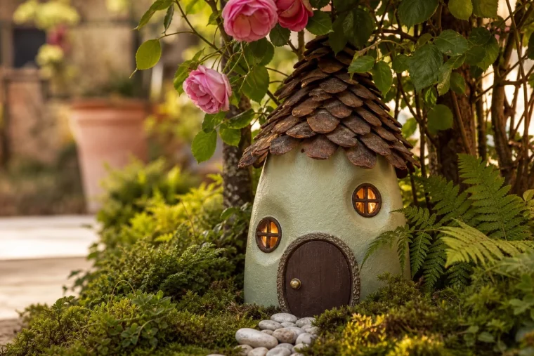 Maison de fée réalisée à partir d'un flacon de lessive recyclé, installée dans un jardin ombragé