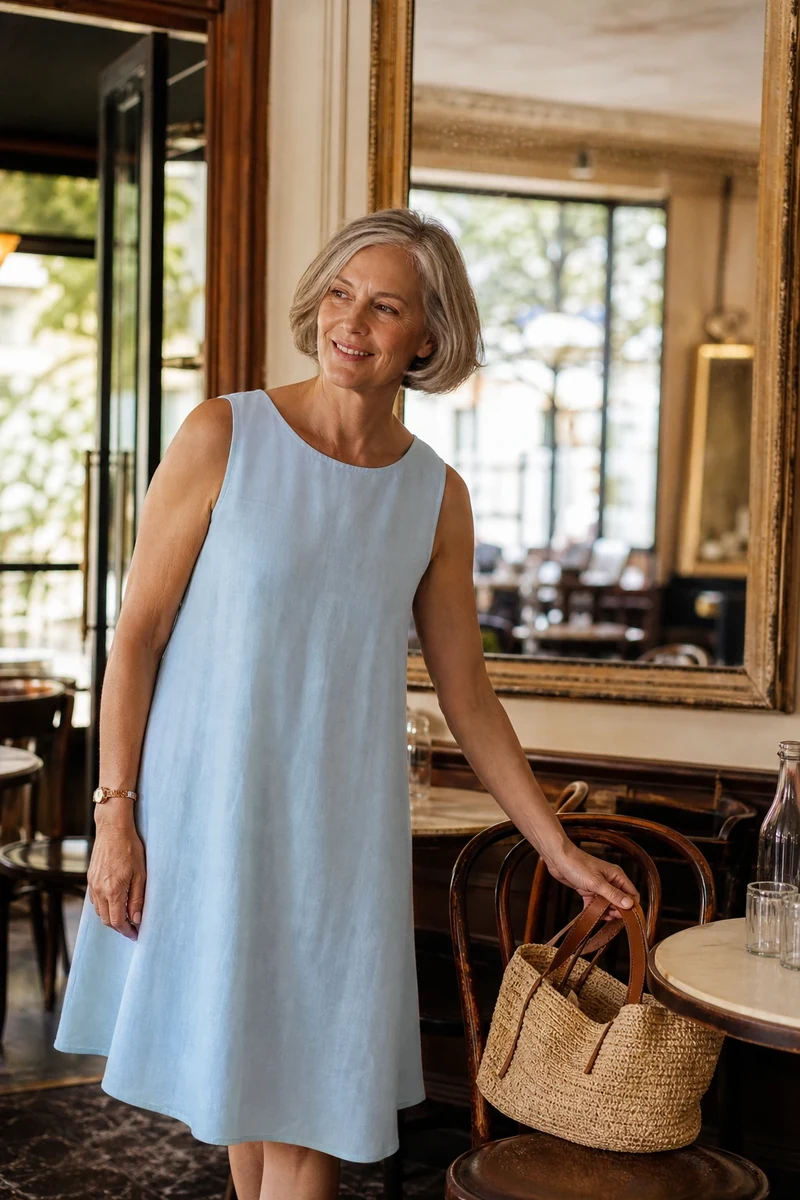 Femme en robe trapèze de lin bleu ciel dans un café parisien