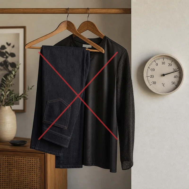 Vêtements à éviter en canicule : jean épais, polyester noir, acrylique — thermomètre à 35 degrés