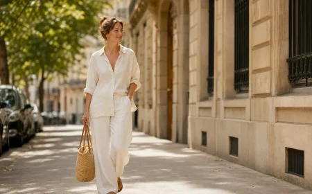 Femme en tenue de lin écru ample marchant dans Paris en pleine canicule, sereine et fraîche