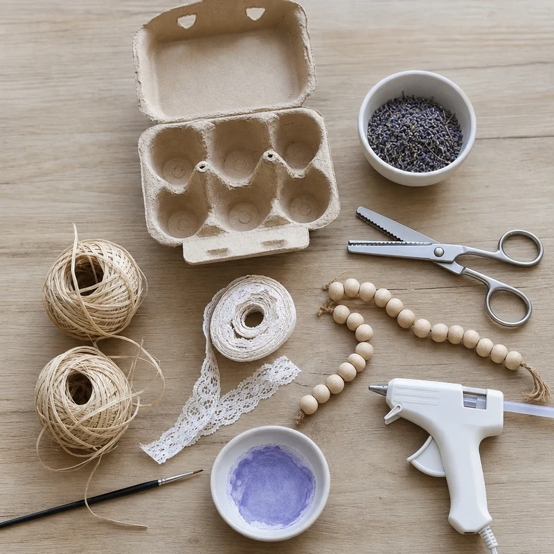 Matériel pour fabriquer une méduse en boîte à œufs et lavande séchée disposé sur une table en bois