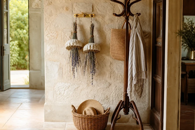 Deux méduses en lavande décoratives suspendues dans une entrée de maison provençale