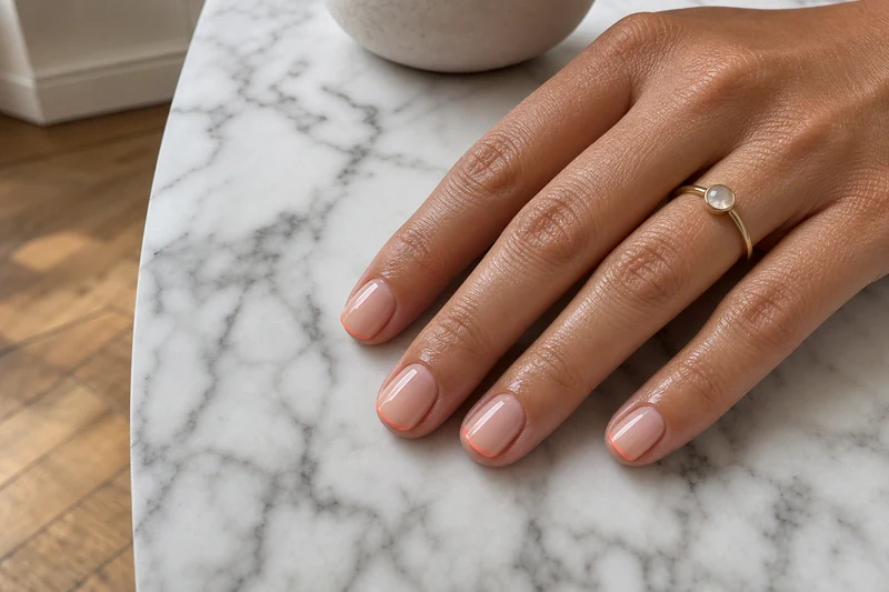Micro-French corail 0,8 mm sur ongles courts squoval, main bronzée posée sur marbre