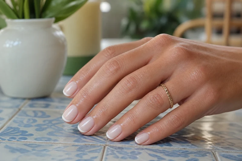 Micro-French Cloud Dancer sur ongles ovale courts, base milky, faïence bleue